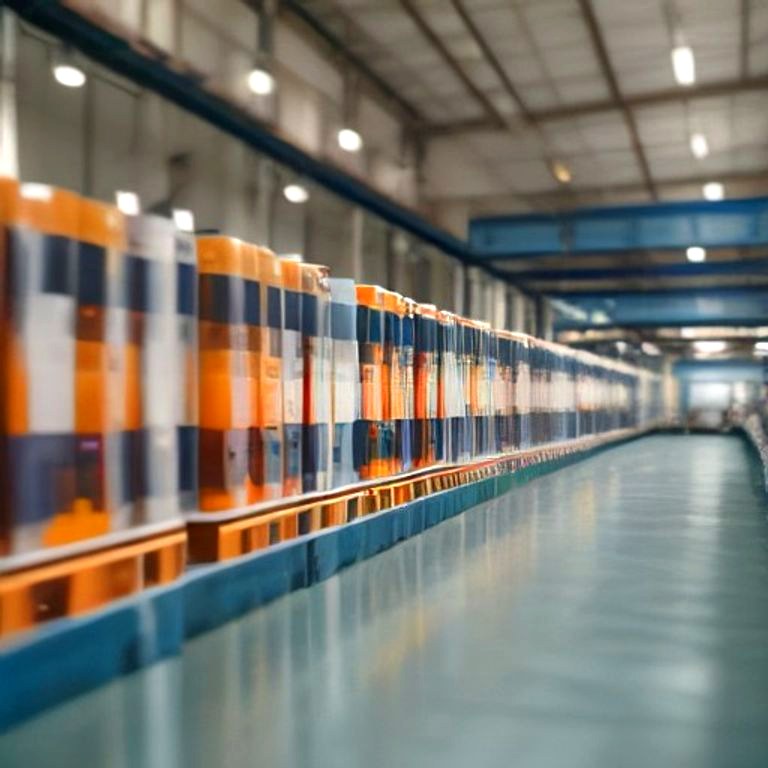 Conveyor carrying a mix of bottles, jars, pouches and tubs